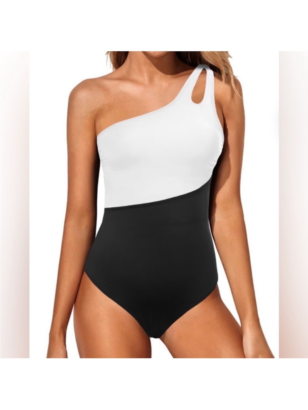 Holipick NWT M One-Shoulder Black and White Colorblock One-Piece Swimsuit